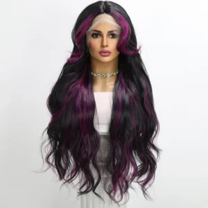 32-Inch | Pureple Black Highlight Bodyway Hair T Part Lace Front Wigs | ML9212